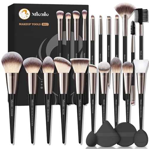 Makeup Brushes Set, Mlemle Professional 25 Pcs Makeup Kit, Include Powder Foundation Concealers Blush Eye shadows 21 Pcs Makeup Brushes and 2 Powder Puff, 2 Makeup Sponge(B02-CreamBlack)