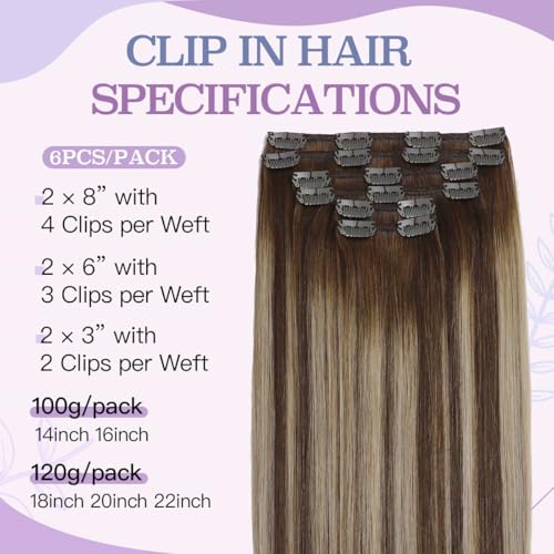 Sindra Clip in Hair Extensions Real Human Hair 18Inch Balayage Chocolate Brown Ombre Caramel Brown Hair Extensions Real Human Hair Clip ins Remy Straight For Woman 120G 6Pcs(clip#4/27/4 18inch)