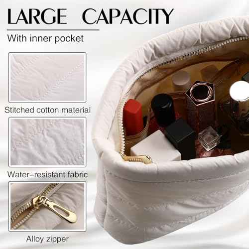 Hillban Puffy Quilted Makeup Bag Quilted Cosmetic Bag Cute Puffer Toiletry Checkered Pouch Aesthetic Travel Makeup Brushes Organizer(White,Classic Stripes)