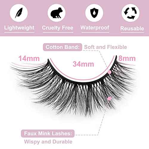 False Eyelashes 14mm Faux 3D Mink Lashes Natural Look Cat Eye Wispy Lashes Pack by Kiromiro, 14 Pairs