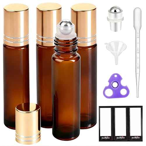 PrettyCare 4 Pack, 10 ml Essential Oil Roller Bottles with Stainless Steel Roller Ball - Refillable Leak-proof Empty Thick Amber Glass Roll on Bottles with Metal Caps for Travel, Perfume