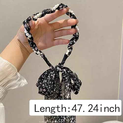Long Hair Ribbons for Women Girls Flower Pearl Headband Hairband for Thick Thin Hair Elegant Bow Hairbands Non Slip Head Scarf Bands for Teen Girl Ponytail Hairclip Fashion HairAccessories for Women