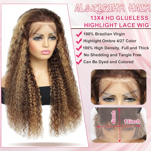 18 inch Water Wave P4/27 Highlight 13x4 HD Transparent Lace Front Wigs Ombre Human Hair Wet and Wavy Curly Glueless Lace Frontal Wigs Pre Plucked with Baby Hair 180% Density