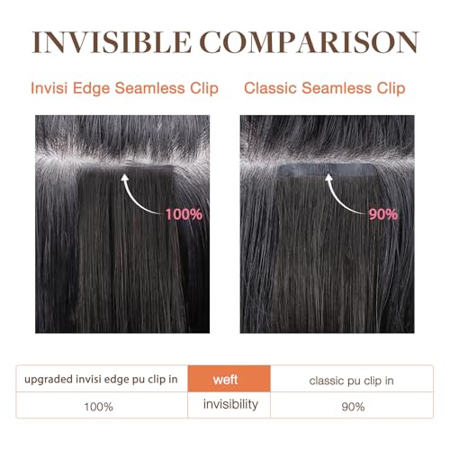 GOO GOO Invisi Edge Clip in Hair Extensions 18inch 130g 7Pcs Injected Seamless PU Clip in Hair Extensions, Virgin Real Human Hair, 1B Natural Black
