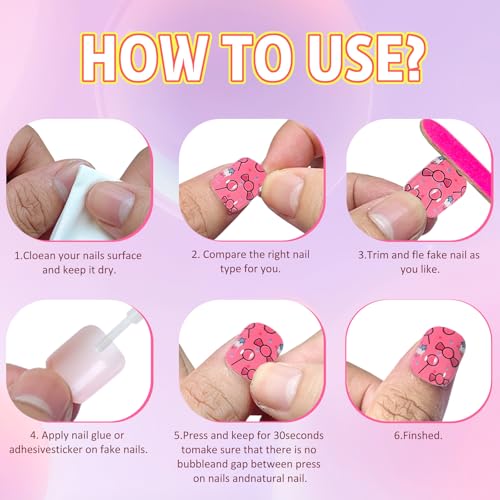 AddFavor 120pcs Press on Nails for Kids, Full Cover Short Fake Nails for Kids Cute Acrylic Nails Press ons Nail Kit for Children Little Girls Nail Art Decoration