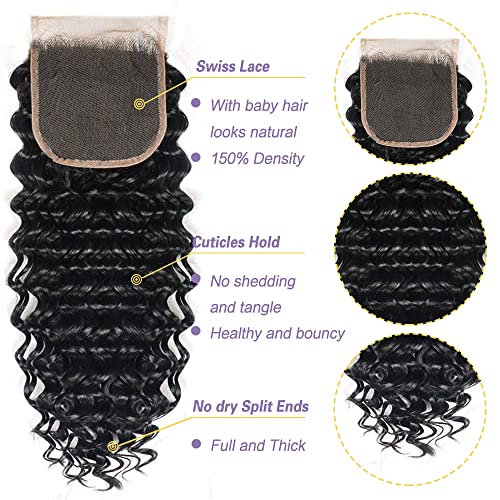 Deep Wave Bundles (12 14 16+10) 100% Unprocessed 3 Bundles Human Hair with 4x4 HD Lace Free Part Baby Hair Closure 10A Natural Color