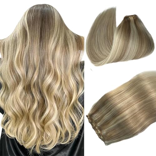 Human Hair Weft Blonde Hair Extensions Real Human Hair Weft Highlights Human Hair Extensions Sew in Brown Mix Ash Blonde Ombre Weft Hair Extensions Human Hair Straight 120g 22inch