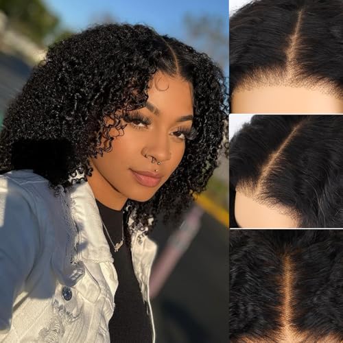 Wear and Go Glueless Bob Wig Human Hair Pre Plucked Pre Cut Bleached Knots 6x4 HD Afro Kinky Curly Lace Front Wigs Human Hair Short Curly Bob Lace Closure Wigs for Women 200% Density 12 Inch