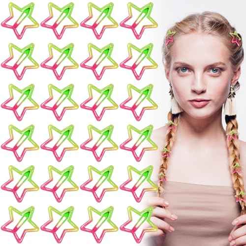 24 Pcs Pink and Green Hair Accessories Star Hair Clips Witch Decoration Metal Glue Snap Star Barrettes for Girl and Women Gifts