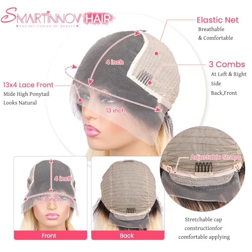 Ombre Blonde Human Hair Wig 13x4 HD Transparent Lace Front 150% Density with Dark Roots #1B613 for Women 18 Inch Pre Plucked Undetectable Melted Lace Frontal Wigs Ombre Blonde Bleached Knots Wigs