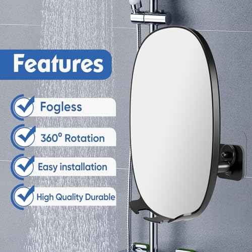 COSMIRROR Shower Mirror Fogless for Shaving with Updated Adhesive, 360¡Æ Rotation, Two Razor Holders No-Drilling Fogless Mirror for Shower, Shatterproof & Waterproof Bathroom Shaving Mirror Black