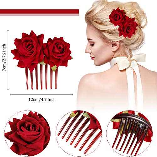 4 Pieces Rose Flower Hair Clip Big Rose Brooch Floral Clips Mexican Flower Hair Accessories for Woman Flamenco Dancer Bridal Party Wedding