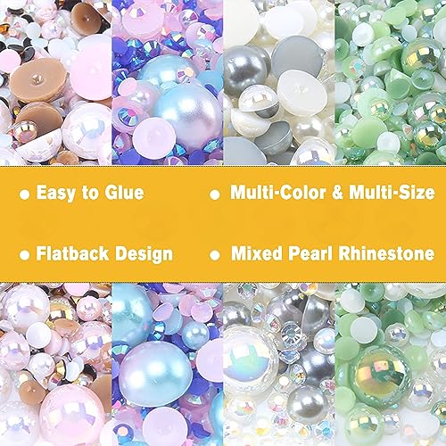 Flatback Pearls Rhinestones for Craft 30g 1400Pcs (2-10mm) Half Round Resin AB Color Rhinestones Pearls for Nail Art Face Body Tumblers-Green