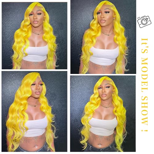 26 Inch Yellow Lace Front Wig Human Hair 200% Density Blonde Wig Human Hair Body Wave Lace Front Wigs Human Hair Pre Plucked 13x4 HD Lace Frontal Wig Yellow Colored Wigs Human Hair Glueless Wig