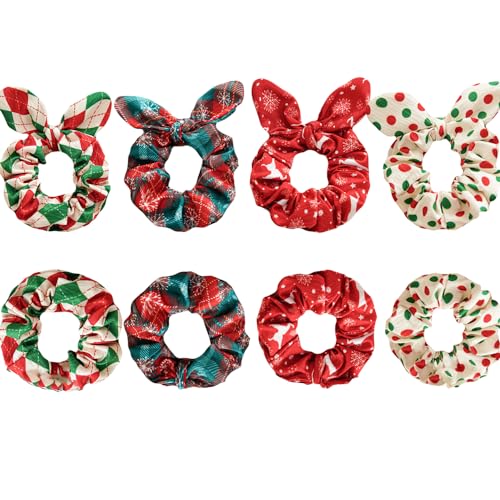 5 Pcs Bunny Ear Hair Bow Scrunchies for Girls Women, Christmas Hair Ties with Bows Snowflake Polka Plaid Hair Ties for Girls Kids Women Cute Scrunchies for Party Gift (8Pcs)