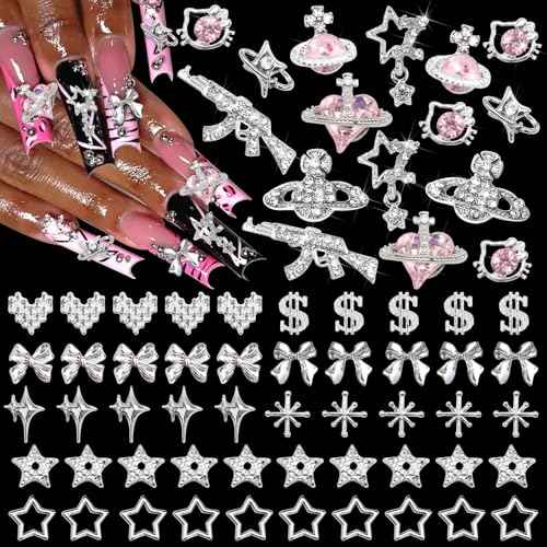 BELICEY 66Pcs 3D Nail Charms Silver Bow Star Planet Charms for Nails Alloy Gun Heart Dollar Charms and Gems Pink Crystal Rhinestones Y2k Nail Jewels Accessories for Nail Art Supplies Crafts Design