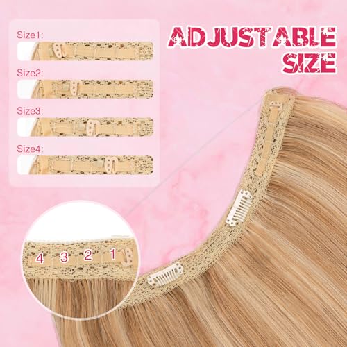 Halo Hair Extensions Real Human Hair, MY-LADY Adjustable Halo Extensions Real Human Hair, 18 inch Golden Brown mix Bleach Blonde Women's Long Straight Hair Invisible Wire Hair Extensions