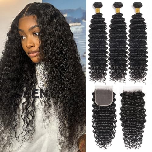 Human Hair Deep Wave Bundles with Closure 12 14 16+10 Inch Curly Weave Bundles Human Hair with 4x4 Lace Closure 12A Brazilian Remy Hair Pre Plucked with Baby hair Extensions for Black Women