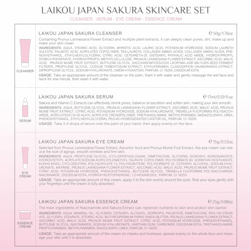 Skin Care Set JAPAN SAKURA Beauty Gift Sets Skin Care Kit with Cleanser, Serum, Eye Cream, Face Cream Travel Kit for Women Mom Wife Teen Girls Gentle Skin Cleaning TSA-friendly Sizes 4pcs