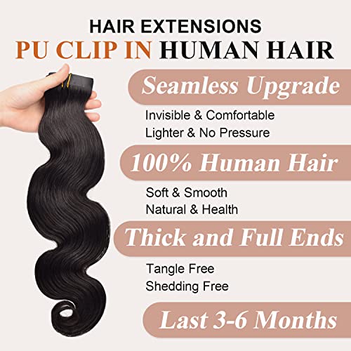 Body Wave Clip in Hair Extensions Real Human Hair Clip ins 100% Brazilian Virgin Hair PU Seamless Clip in Hair Extensions Human Hair Natural Black Hair for Women 120 Gram 6 Pcs 22Inch