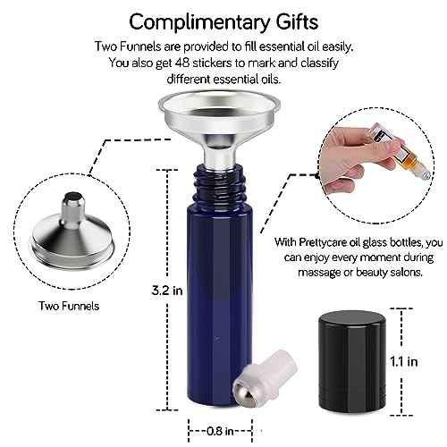 PrettyCare Essential Oil Roller Bottles 6-Pack, 10ml Amber & Blue Glass Bottles with Leakproof Caps & Funnel, Empty Refillable Containers for Aromatherapy, Perfume, Gift Making