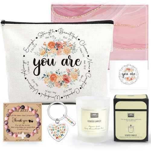 Appreciation Gifts for Mom - 5pcs Pink Box Set for Best Mother Birthday Christmas Gift for Women Thank You Present Kit with Makeup Bag Card Bracelet Keychain Candle