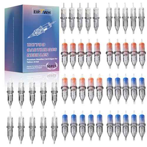 50PCS Assorted Tattoo Cartridges Needles,#12RL RS M1 Round Shader Mixed Size Tattoo Gun Cartridges Needles-5x(1RL 3RL 5RL 7RL 3RS 5RS 7RS 5M1 7M1 9M1) Disposable Tattoo Needles with Membrane