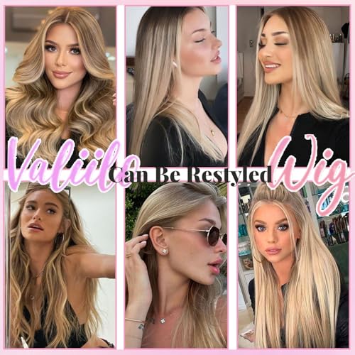 Balayage Ash Blonde Wig Human Hair Glueless 13x4 Lace Front Wigs Pre Plucked 18 Inch Straight Ash Brown to Ash Blonde with #60 Blonde Highlight Wig 180% Density