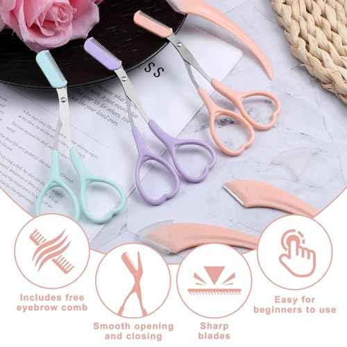 6 Pcs Eyebrow Scissors for Women Eyebrow Trimmer Scissors with Comb Non Slip Finger Grips Brow Scissor Professional Hair Removal Beauty Accessories for Men Women (Pink, Green, Purple)