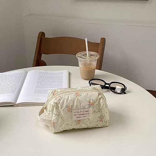 Floral Makeup Bag Cotton Quilted Cosmetic Makeup Bag Organizer, Aesthetic Portable Pouch Purse Toiletry Bag for Women Girls Travel accessories