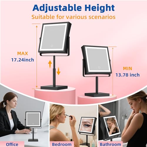 Ruacq Vanity Mirror with Lights, Height & Brightness Adjustable, Rechargeable 4000mAh Lighted Makeup Mirror with Magnification 1X/10X, 3 Color Lights & 360¡Æ Rotation (Matte Black-Table)