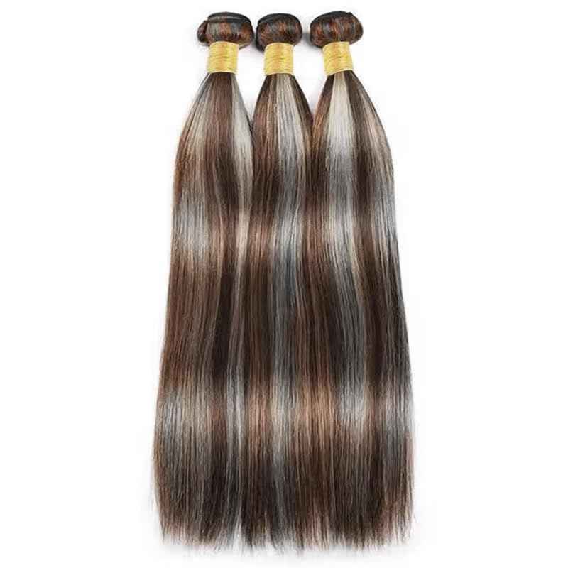 Giginger Bundles Human Hair P4/GREY 22 24 26 inch Straight Wave Human Hair Bundles Highlight Chocolate Grey Unprocessed Quick Weave Soft Sewn In Hair Extensions for Black Women