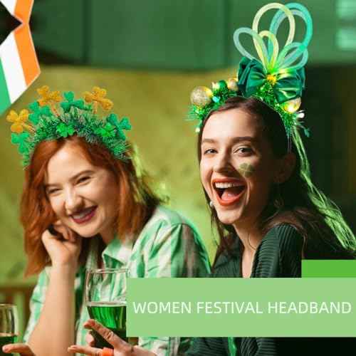 Light Up Balls Headbands LED Green Shamrock Clover Hairbands Xmas Hat Bow Hair Hoops St. Patrick's Day Head bands for Fashion Party Holiday Costume