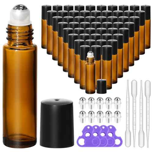 KEYWING 54 Pack Empty Essential Oil Roller Bottles ? 10ml Amber Glass Roll-On Bottles with Stainless Steel Roller Balls & Caps, Refillable Perfume Containers for DIY & Travel