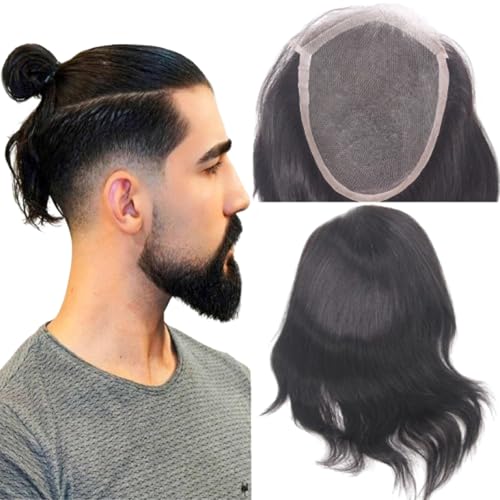 Swiss Lace Front with PU Men's Toupee Man Hairpieces Human Hair Replacement System for Men 4.5x7inch 10inches Long Hair 1B Black Color