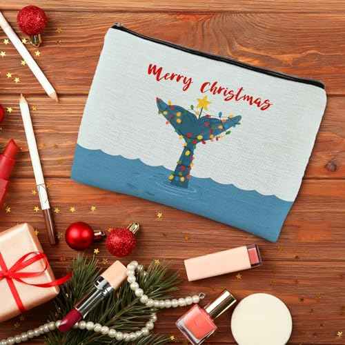 Merry Christmas Whale Beach Makeup Bag, Christmas Ocean Whale Tail Cosmetic Bags for Women, Beach Lover Gifts, Xmas Sea Animal Holiday Zipper Makeup Pouch Travel Toiletry Bag