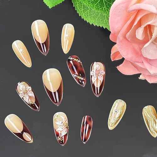 24Pcs Almond Press on Nails Medium Fake Nails with Brown Flower Designs French Nails 3D Gold Texture False Nails Star Press ons Pearl Jewelry Acrylic Nail Cute Stick on Nail for Women Manicure