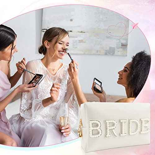 Bride Patch Letter Makeup Bag for Women Bridesmaid Engagement Gift for Her White Pearl Rhinestone Travel Toiletry Bag Make Up Bag Pouch for Purse Bridal Shower Gifts for Engagement Wedding