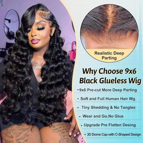 Glueless Wigs Human Hair Pre Plucked Pre Cut 30Inch Loose Deep Wave Wig 9x6 Closure Wigs Wear and Go Glueless Wig Human Hair 200% Density Loose Body Wave Black Wig for Women