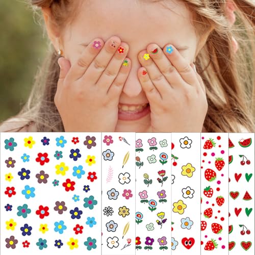 24 Sheets Nail Stickers for Kids, Cute Nail Art Decals for Little Girls, 3D Self-Adhesive Flowers Fruits Leaves Rainbow Hearts Mermaid Snow Nail Decoration for Women, DIY Manicure Supplies Accessories