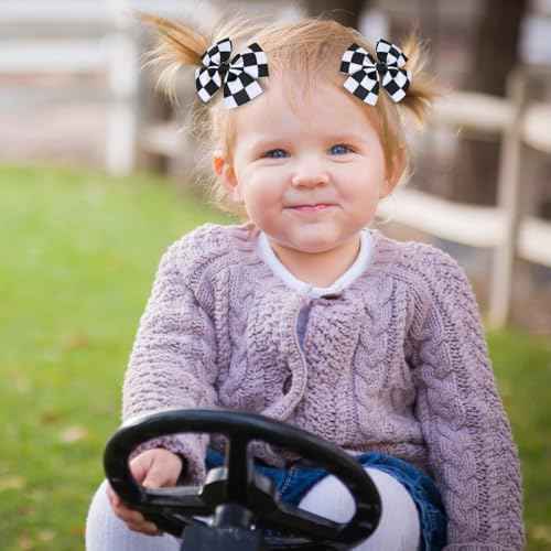 2pcs Racing Checkered Flag Bow Clips, Hair Bow Clip Black and White Racing Fan Pigtail Hair Clips Hair Accessories Racing Checkered Styling for Kids Women Girls Thick Thin Hair