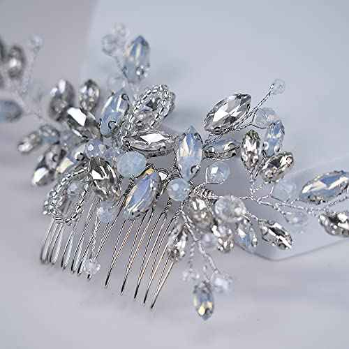 Teyglen Dainty Crystal Bridal Wedding Hair Comb Sparkly Silver Opal Rhinestone Hair Pieces Hair Accessories Bridal Side Comb Headpieces for Women Bride Girls