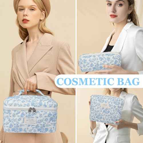 Makeup Bag, Large Quilted Cosmetic Bag, Big Floral Make Up Bag for Women Girls, Cute Cotton Makeup Bag Set, Flower Travel Toiletry Organizer Bag (Blue Flower)