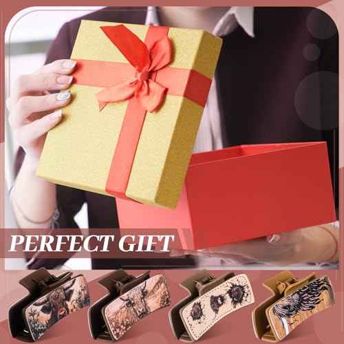 4 Pcs Christmas Western Leather Hair Claw Clips Bulk Cow Print Highland Cattle Hair Claw Clips Western Accessories Gifts for Women Country Cowgirl Stuff Xmas Accessories (Cow)