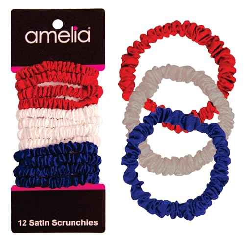 Amelia Beauty, Red, White and Blue Mix, Skinny Satin Scrunchies, 12 Pack ? 2in Diameter, Gentle & Strong Hold, No-Snag, No-Dent, Crease-Free Hair Ties