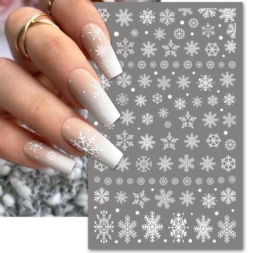 Large Snowflake Nail Stickers, Christmas 3D Self-Adhesive Nail Art Decals - White Snowman Santa Elk Design for DIY Manicure Winter Xmas DIY Nail Decorations (4 Sheets)