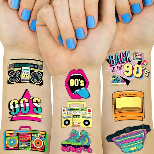 90s 80s Glitter Temporary Tattoos Themed 40PCS Birthday Party Decorations Favors Supplies Decor Retro Skate Tattoo Stickers Gifts for Kids Children Girl Boys Adults School Rewards Home Activity Prizes