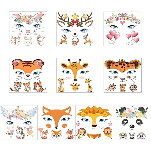 GLARYYEARS 10 Set Animal Temporary Face Tattoo Sticker Set, Water Transfer Panda Deer Giraffe Fox Tiger Floral Festival Body Paint Stickers, Makeup For Halloween Christmas Party Supplies Decor