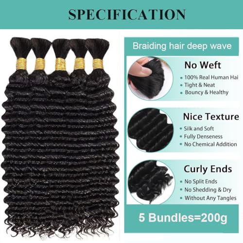 Human Braiding Hair for Boho Braids 200g 22 Inch Curly Boho Hair for Braiding Deep Wave Human Hair Extensions Knotless 12A Bulk Bohemian 5 Bundles/Pack Natural Color