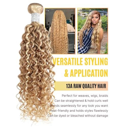 13A 27/613 Human Hair Bundles Water Wave 24 Inch, Soft and Silky Highlight Blonde Single Curly Bundle Wet n Wavy 100% Raw Hair Ombre Highlight Honey Blonde Sew In Weave #F27/613 Colored Weft